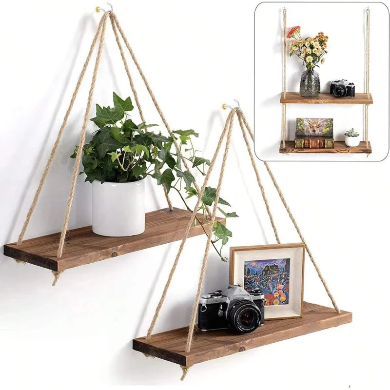 RustiSwing™ – Wooden Hanging Rope Shelf